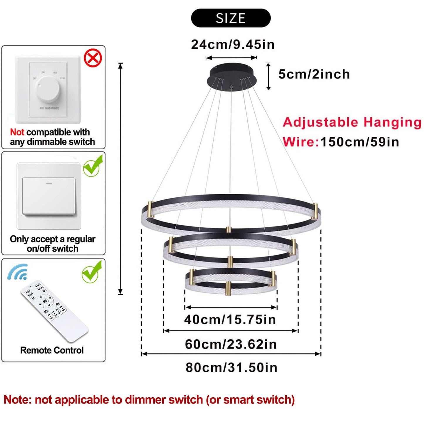 Siittoo Modern Crystal Chandelier Light Fixture  Dimmable Led Acrylic Pendant Lighting  Adjustable Black Chandelier For Dining Living Room Bedroom Kitchen (3 Rings  57W  F31.5+23.6+15.8)