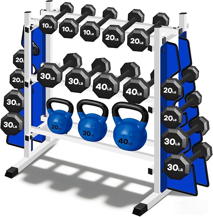 Adjustable Dumbbell Rack, 3-Tier Holder with Double Side Extension Fit Different Weight Dumbbells & Kettlebells, Heavy-Dut...