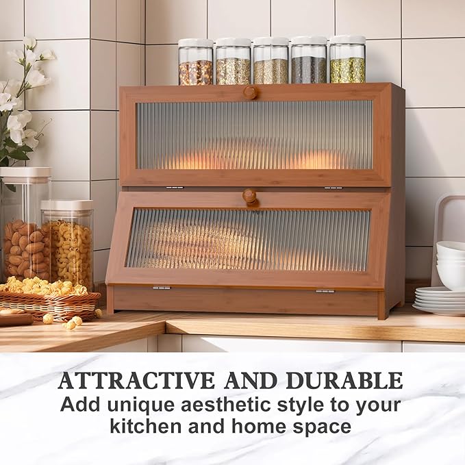 Bread Box for Kitchen Countertop: 2-Tier Bamboo Large Bread Storage Container,Brown