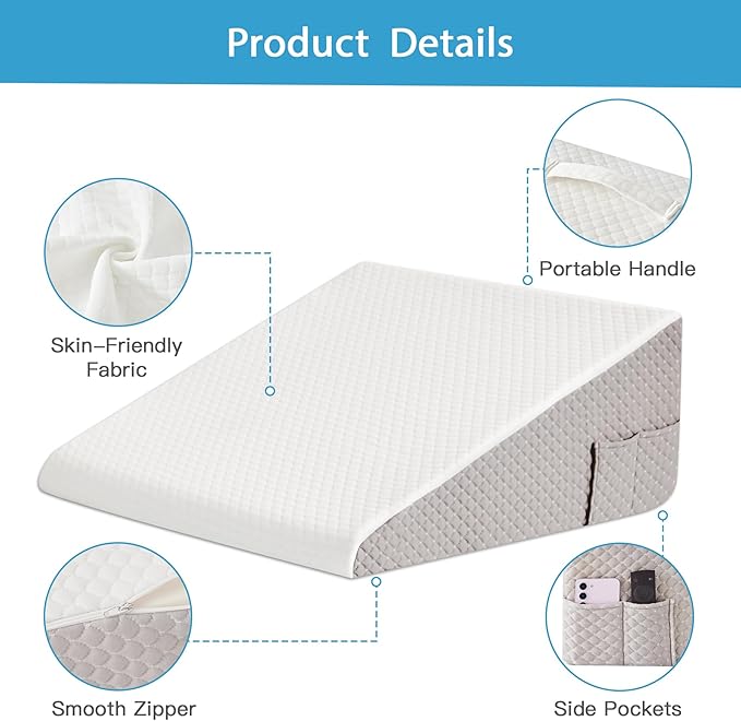 Wedge Pillow for Back Pain Relief, Bed Wedge Pillow for Sleeping, 24×24×12 Inch Memory Foam Anti Snore Pillow, Triangle Pillow Wedge for Sleeping Acid Reflux, Gerd, Elevated Pillow White/Grey