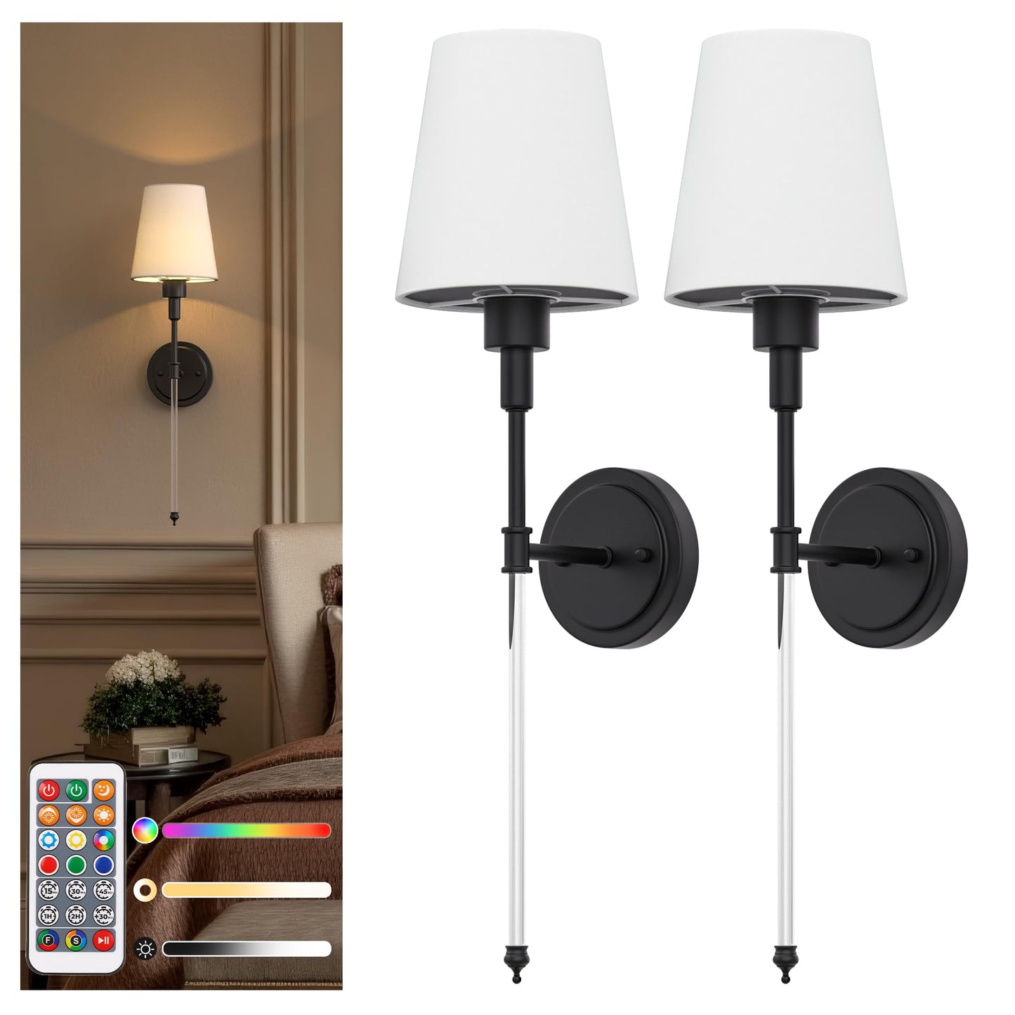 DORESshop Battery Operated Wall Sconce Set of 2, Dimmable, 24.6in, Black and Glass