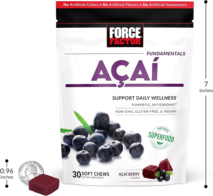 Force Factor Acai Soft Chews for Immune Support, Oxidative Stress Defense, and Daily Wellness, Superfood and Antioxidants Supplement, Non-GMO, Gluten-Free, and Vegan, Acai Berry Flavor, 30 Soft Chews