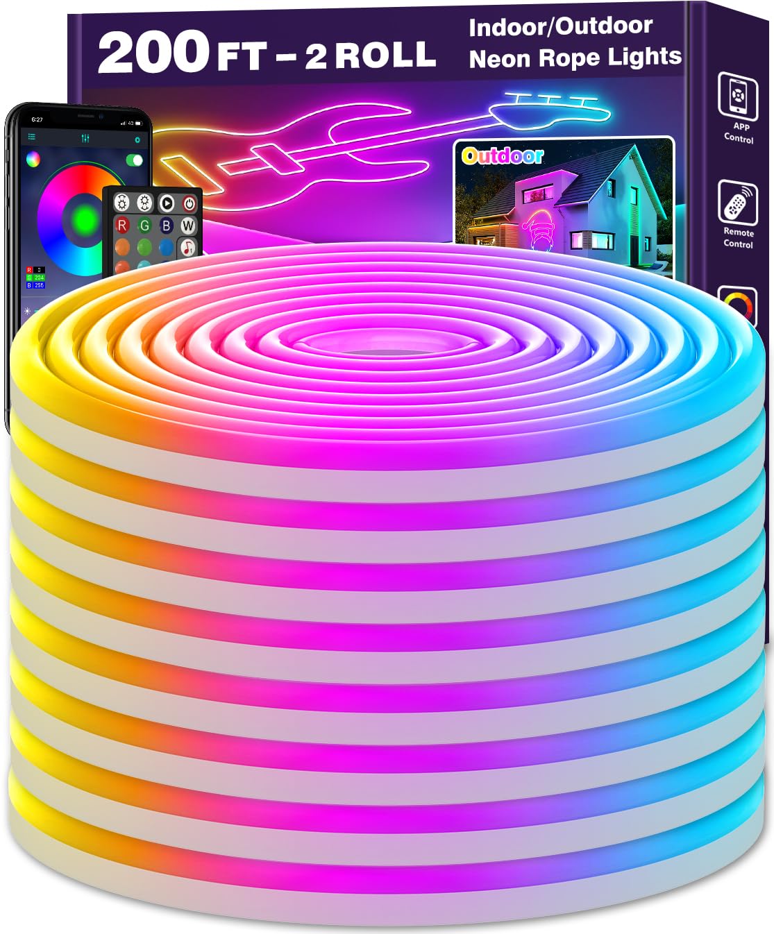 LETIANPAI 200FT Neon Rope Lights, RGB Outdoor LED Strip, App/Remote Control, Waterproof, Music Sync