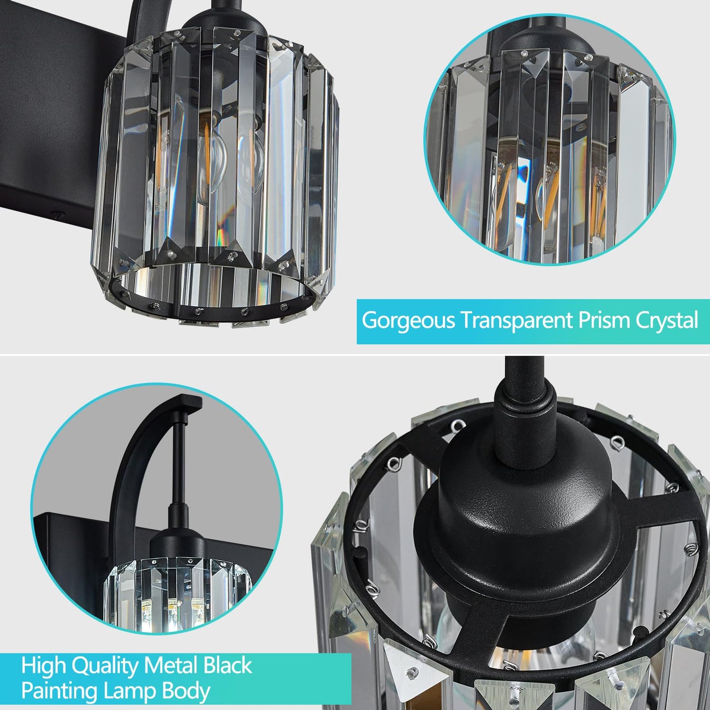 Fdpby 5-Light Crystal Vanity Light  Modern Black Bathroom Wall Sconce With K9 Crystal Shades  42.51 Long Over Mirror Lighting For Vanity  Makeup  Hallway  Elegant & Easy Installation