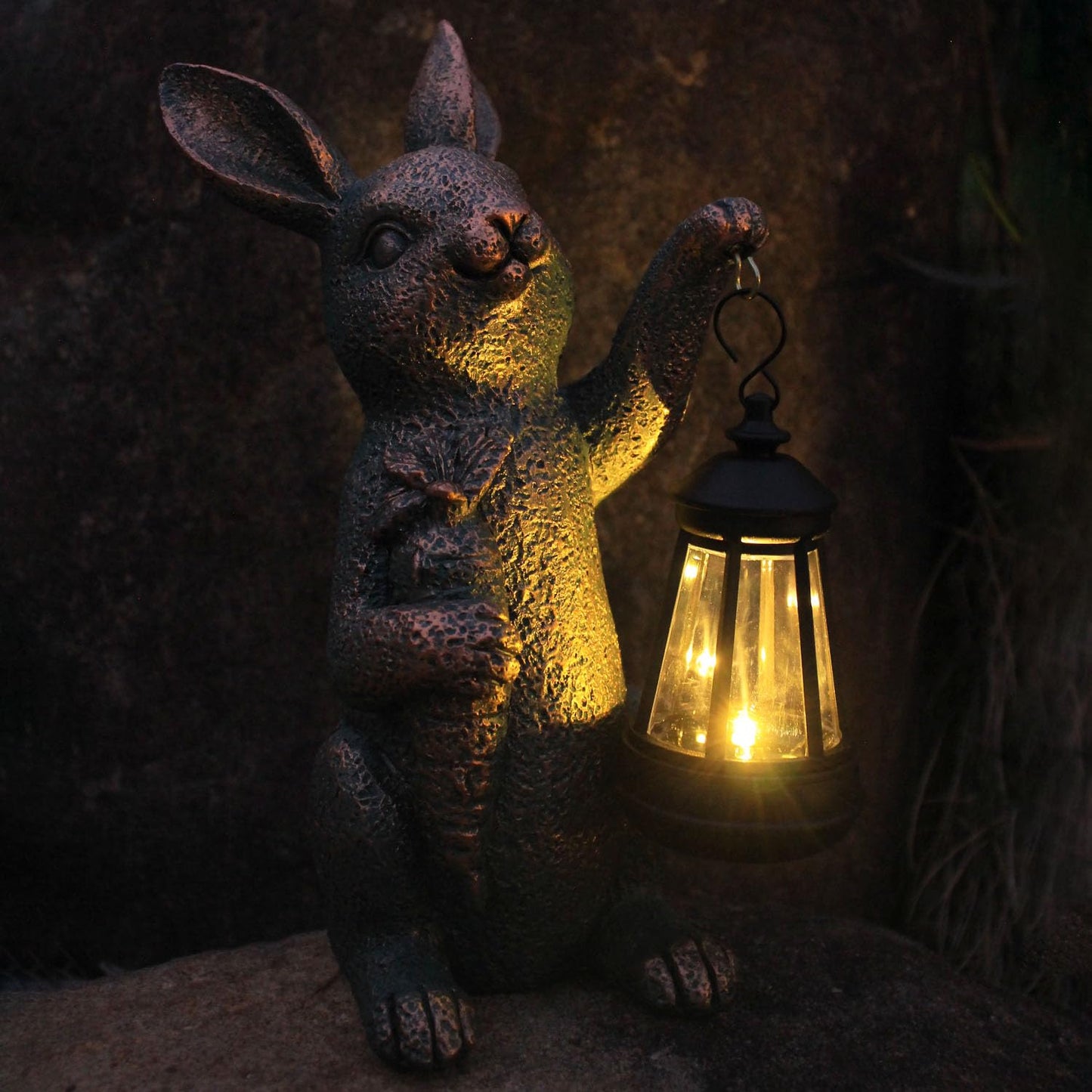 Solar Garden Statues -Rabbit Lantern Outdoor Handmade Resin Statue With Led Light  Cute Carrot Holder For Patio  Yard  Gift Ideas (Rabbit2)