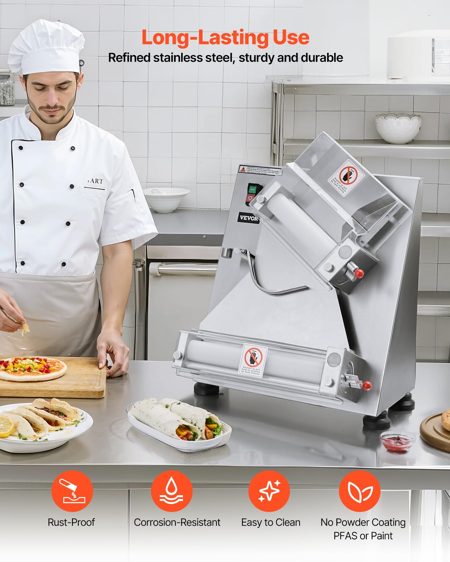 VEVOR Pizza Dough Roller Sheeter, 3-14 Inch Automatic Stainless Steel Pizza Press, Commercial Electric 370W Pasta Maker Machine, 260 pcs Per Hour, Adjustable Thickness, with Dough Press Lid