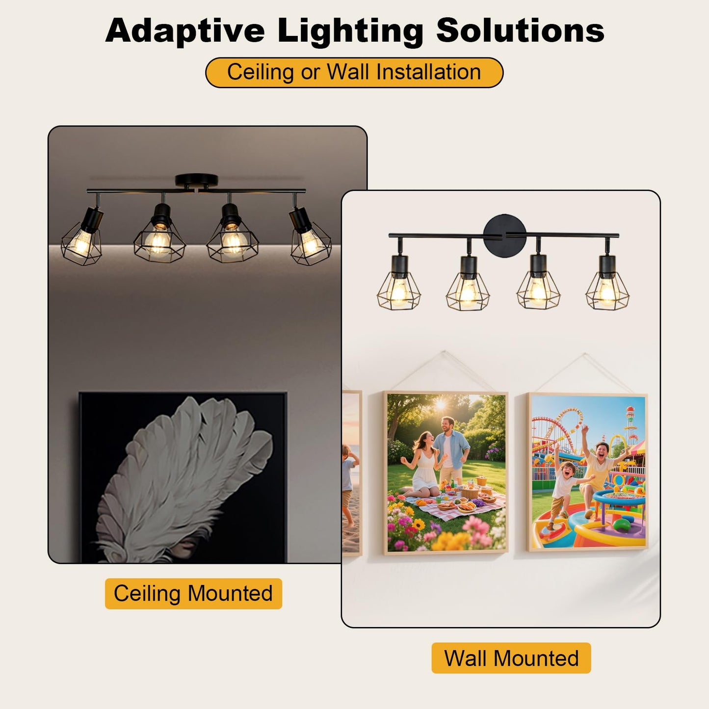 Hibay 4-Light Track Lighting Farmhouse  Industrial Directional Ceiling Track Light Fixtures  Black Geometric Cage Spotlight Indoor For Kitchen  Bedroom  Hallway  E26 Base (Bulbs Not Included)