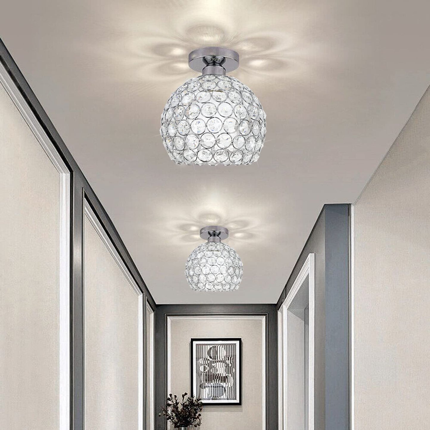 TISLYCO Small Chandelier, Modern Semi Flush Mount Light Fixture, Silver Crystal, 7.7inx8in, Elegant Silver for Hallway, Foyer, Dining Room