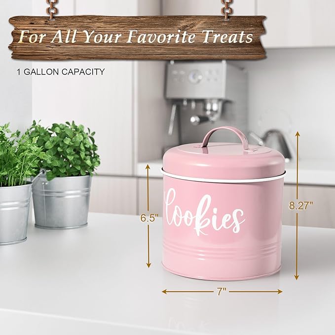 Pink Cookie Jar for Kitchen Counter, 1 Gallon Vintage Cookie Jar with Airtight Lid, Large Food Storage Container for Candy, Cookies, Dessert, Farmhouse Kitchen Decor and Accessories