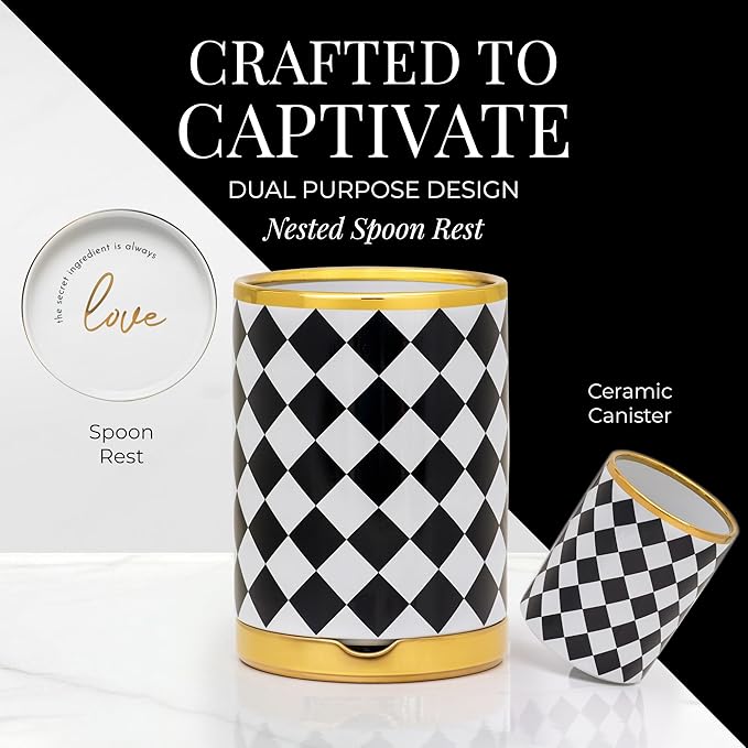 STYLED SETTINGS Black & White Checkered Utensil Holder Set – Large Ceramic Kitchen Utensil Holder for Countertop with Gold Spoon Rest – Stylish Checkered Kitchen Decor & Organizer