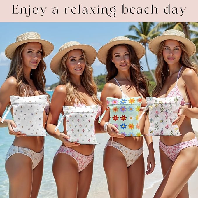 4 Pack Wet Bag for Swimsuit, Beach Travel Essentials Wet Dry Bag, for Sunscreen Toiletry Dirty Clothes Yoga Gym Diaper, Friend Summer Beach Vacation Gifts. Floral
