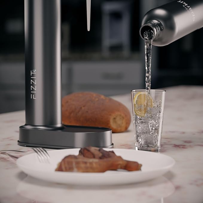 Black Stainless Steel Sparkling Water Maker with 2 CO2 Cylinders & 1L Reusable Bottle