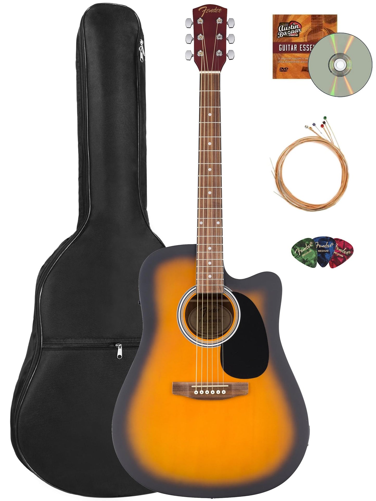 Fender FA Series Dreadnought Acoustic-Electric Guitar - 2-Color Sunburst Bundle with Gig Bag, Strings, Picks, and Austin Bazaar