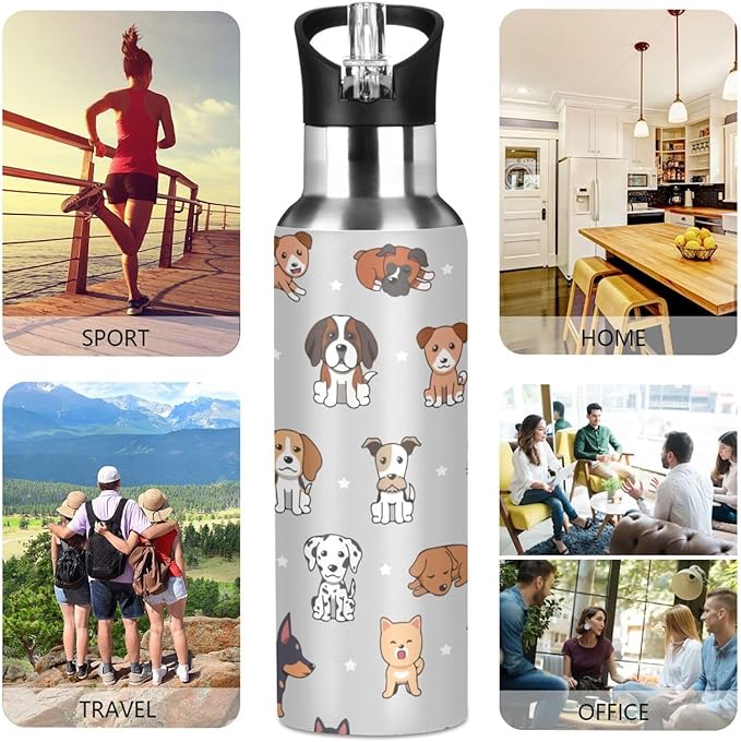 Cute Dog Stainless Steel Water Bottle with Straw Lid - 20 Oz Sports Insulated Water Bottle Thermos for Sport Gym Outdoor Travel School