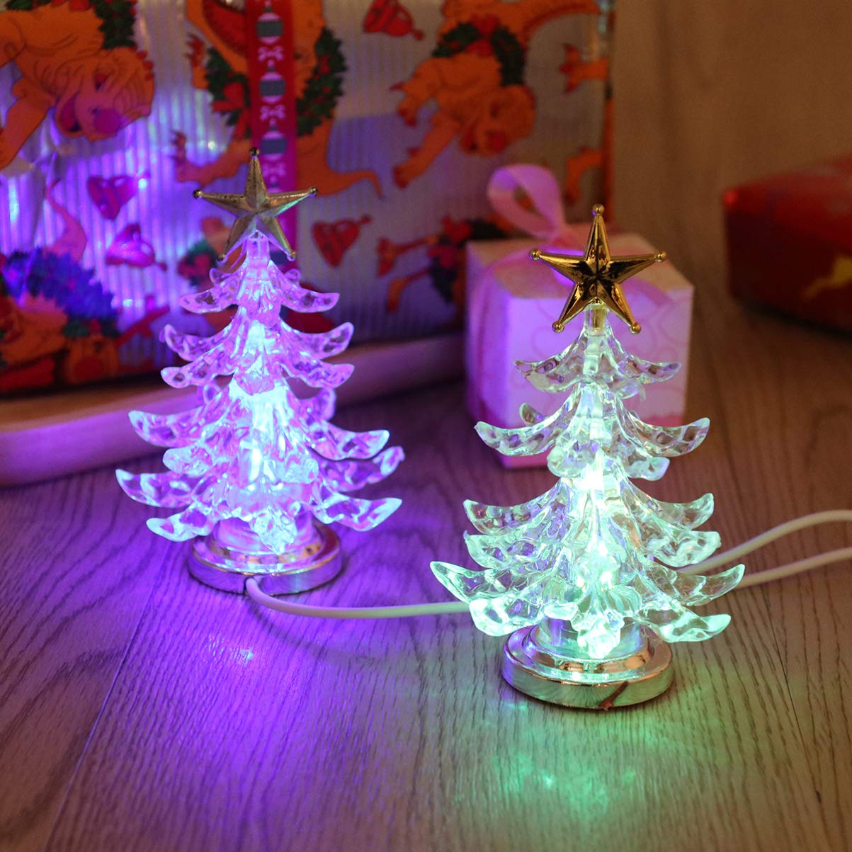 Mobestech 2Pcs Christmas Tree Night Light Usb Acrylic Light Up Christmas Tree Star Tree Top Tabletop Lights For Christmas Decor Ornaments
