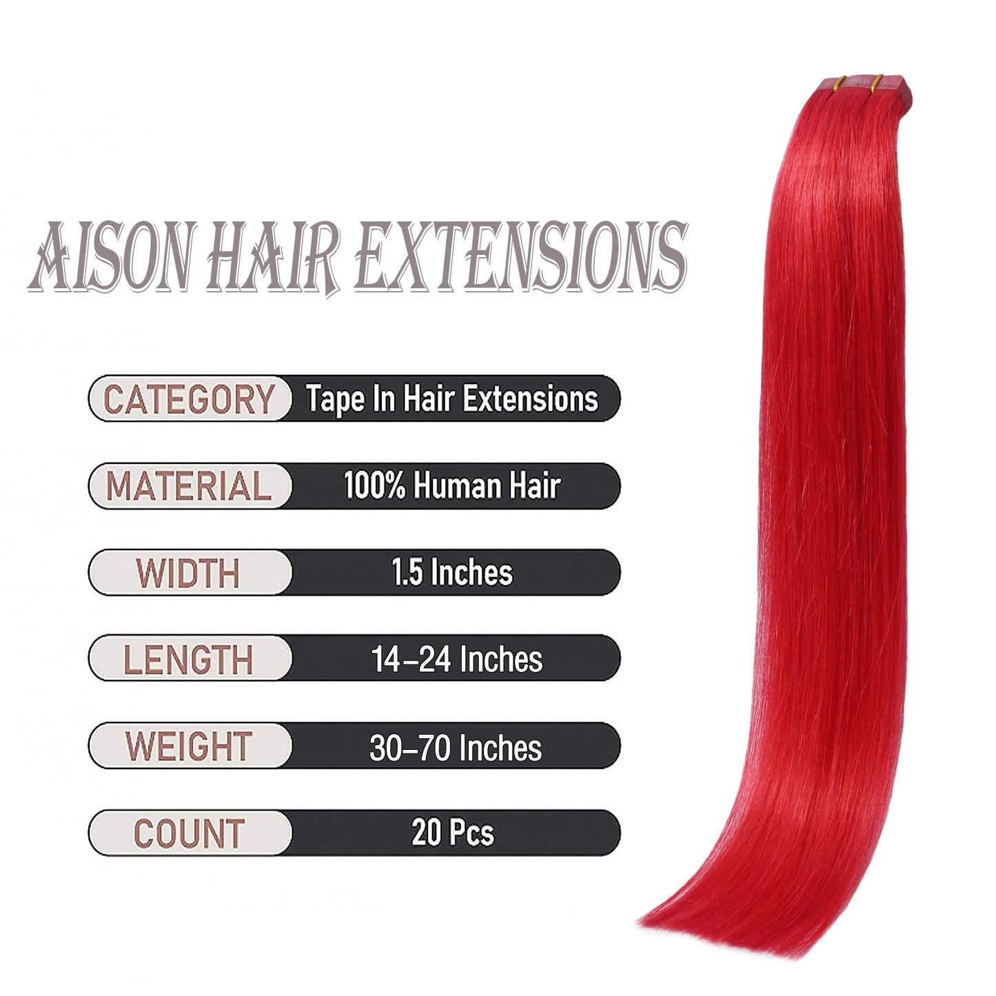 Red Tape in Hair Extensions Human Hair100% Remy Human Hair Extensions Silky Straight for Women 20 Pcs/Package 22 Inch 60G