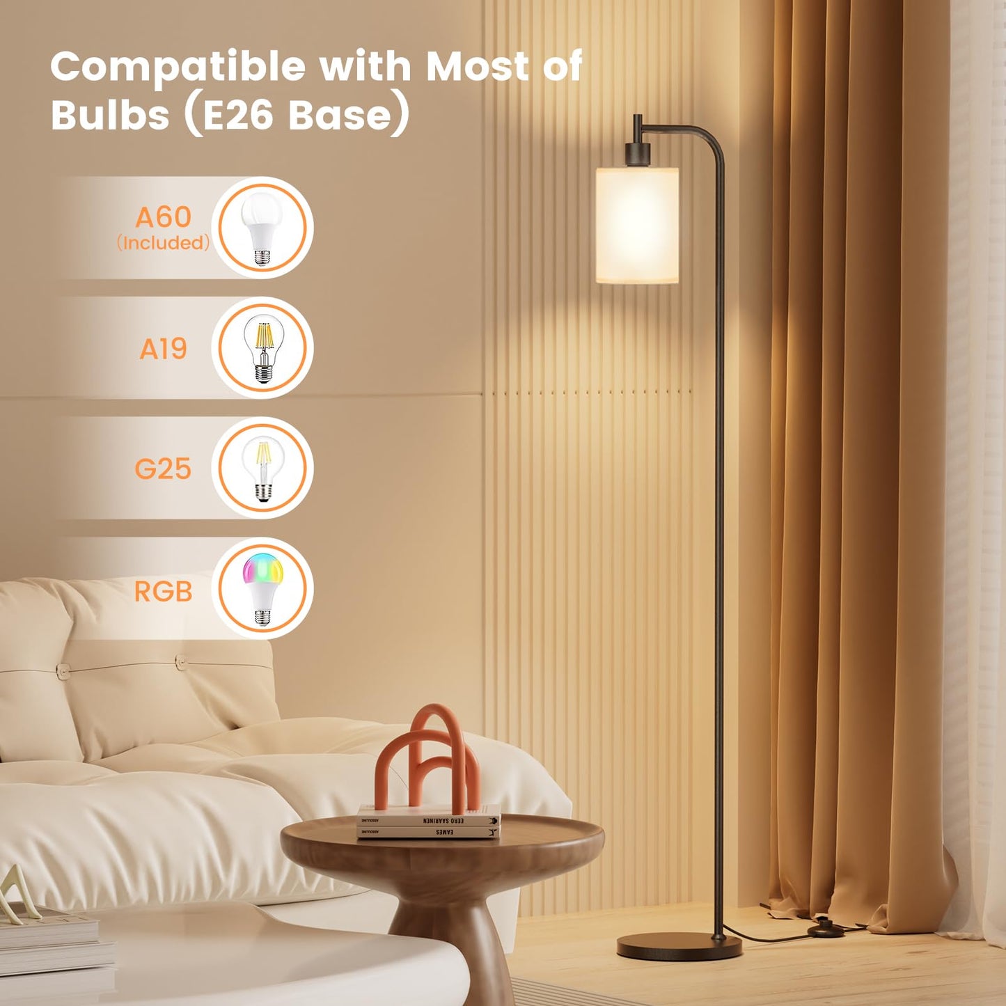 SIBRILLE Floor Lamp with Linen Shade, Dimmable, Remote Control, 9W LED Bulb, Modern Design, White, Model BP-F072