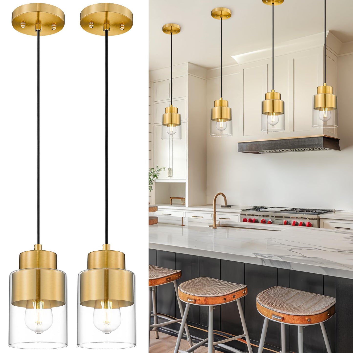 Audickic 2-Pack Pendant Lights Kitchen Island  Brushed Gold Dual Shade Hanging Lights Fixtures With Metal And Clear Glass  Brass Kitchen Pendant Lighting Over Island For Dining Room  Ad-24022-1P2-Gd