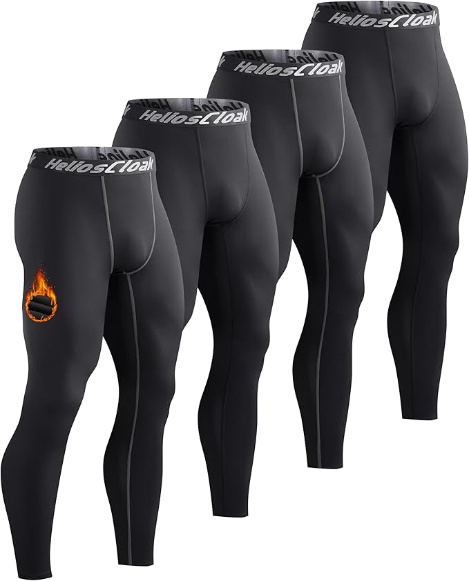 HeliosCloak 4 Pack Men's Thermal Compression Pants Fleece Lined Sports Tights Leggings Winter Athletic Baselayer Bottoms