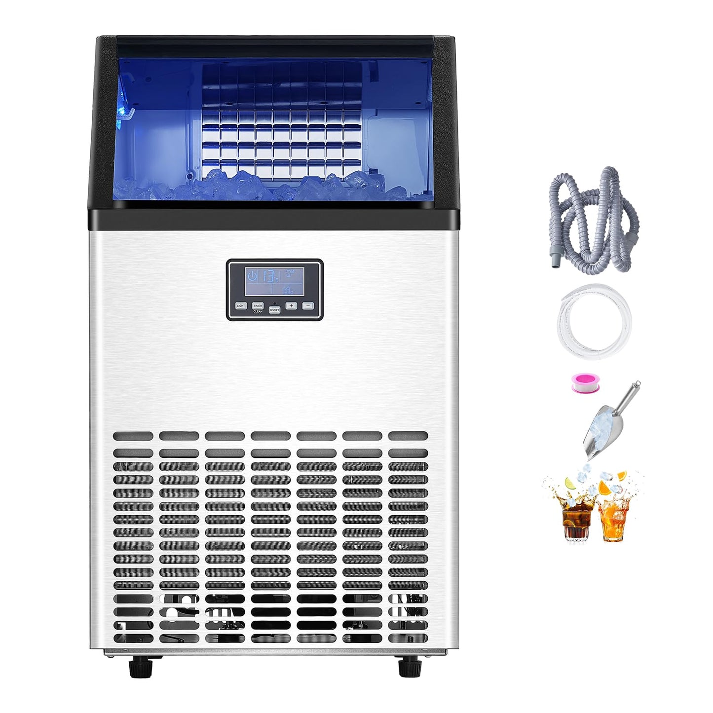 VEVOR Commercial Ice Maker Machine with 2 Water Inlets, 100lbs/24H Ice Maker with 33lbs Storage Bin, 45 Ice Cubes in 15 Mins, LED Digital Display Freestanding & Self-Cleaning for Bar Office Restaurant