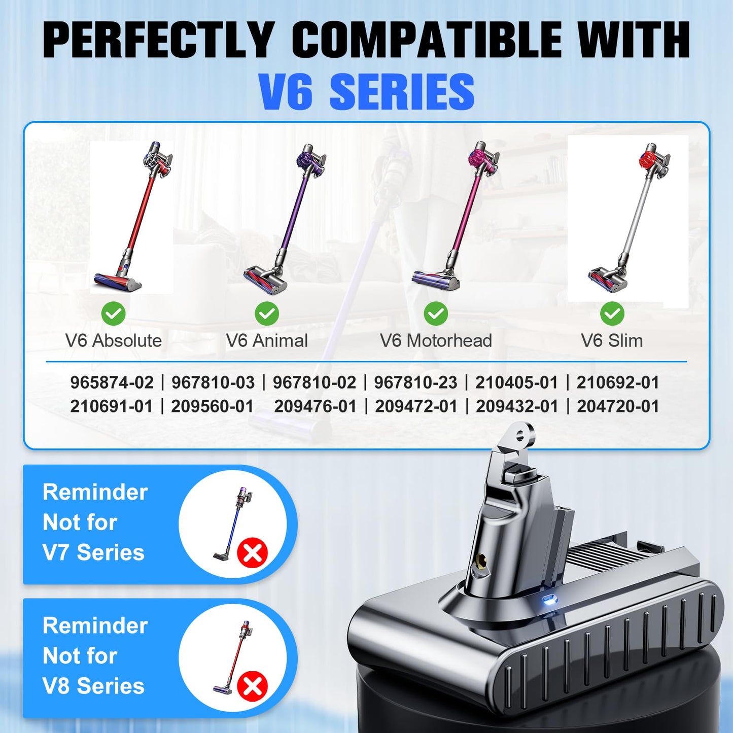 8000mAh Replacement for dyson V6 Battery 21.6V Lithium VTC4 SV03 SV04 SV05 SV06 SV07 SV09 DC58 DC59 DC61 DC62 DC72 DC74 Absolute Animal Motorhead Slim Vacuum with 2 Filters (V6)