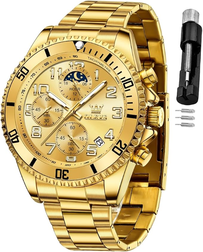 OLEVS Mens Watches Chronograph Luxury Dress Moon Phase Two Tone Stainless Steel Waterproof Luminous Business Calendar Wris...