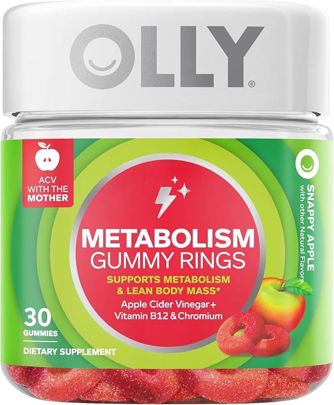 OLLY Metabolism Gummy Rings, Apple Cider Vinegar, Vitamin B12, Chromium, Energy and Digestive Health Chewable Supplement (30 Count) and OLLY Beat The Bloat Capsules, Digestive Support Enzymes, Supplement for Women (25 Count)