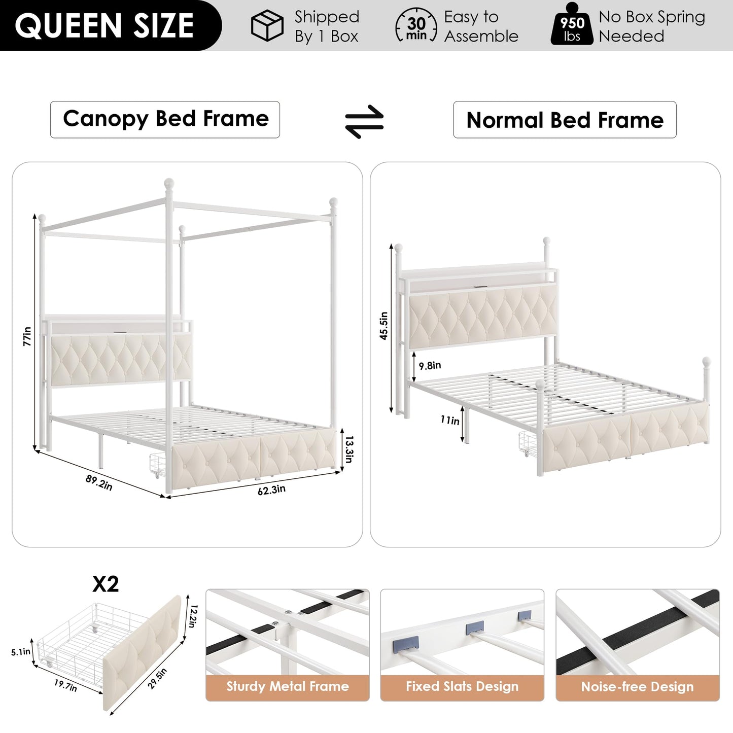 HIFIT Queen Size Upholstered LED Canopy Bed Frame with Storage and Charging Station, Button Tufted Storage Headboard with Bookshelf, Two-Use Metal Platform Bed with 4 Removable Post & 2 Drawers, Biege