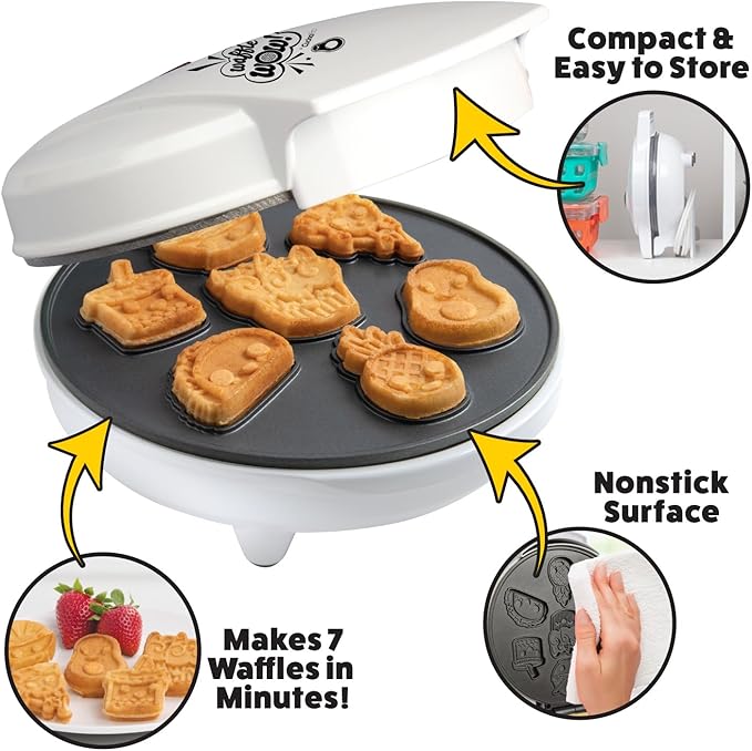 Fun Food Friends Mini Waffle Maker- 7 Different Kawaii Style Design Pan Cakes Feat. Avocado Pizza Ramen Taco & More- Cool Electric Nonstick Waffler Iron, Morning Breakfast w Recipes - Kids Xmas Gift