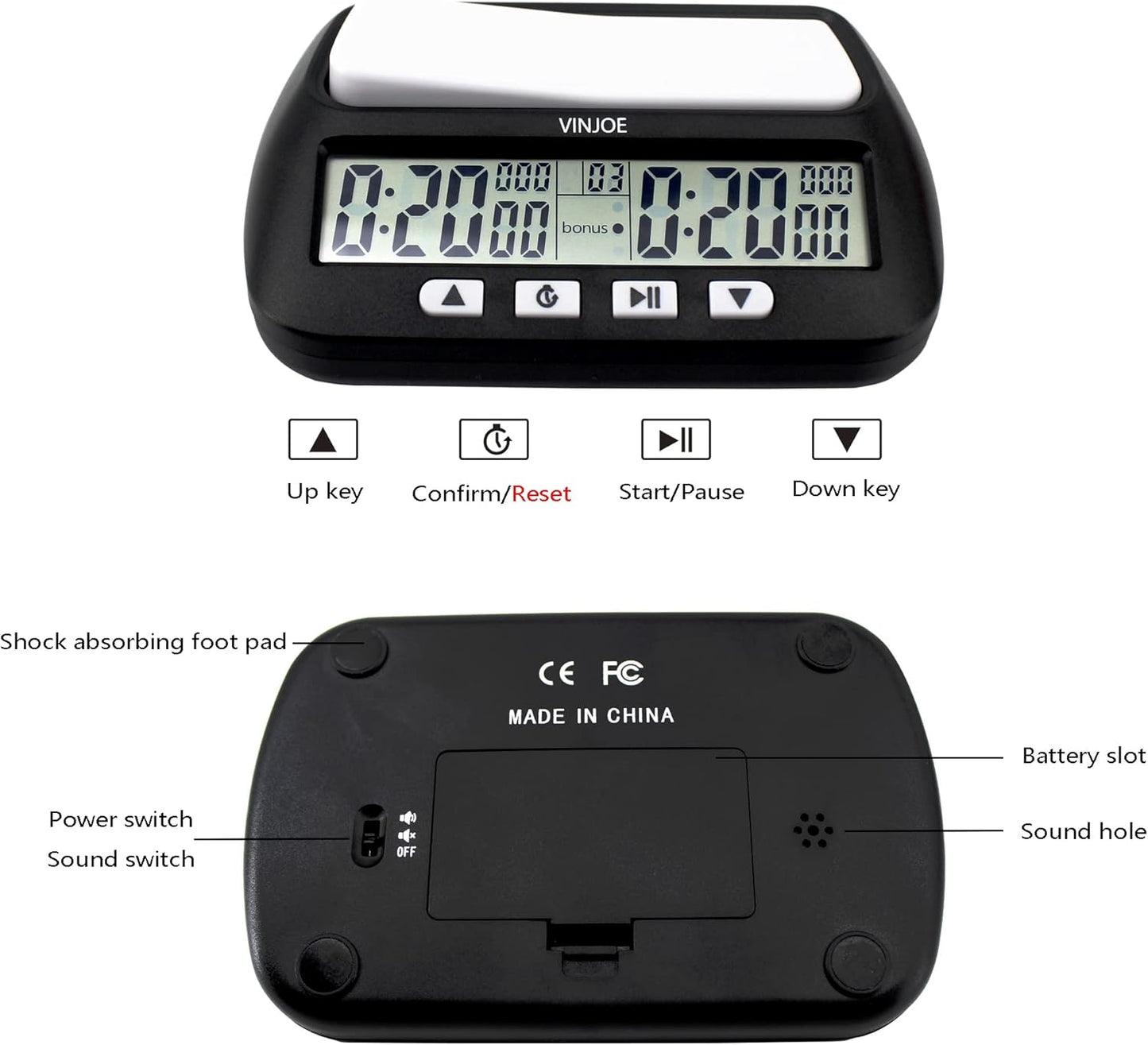 VINJOE Chess Clock Digital Chess Timer Professional for Board Games,Portable Digital Chess Clock & Game Timer with Basic,Bonus,Delay and Positive Time Features Best Gifts for Christmas(Without Battery