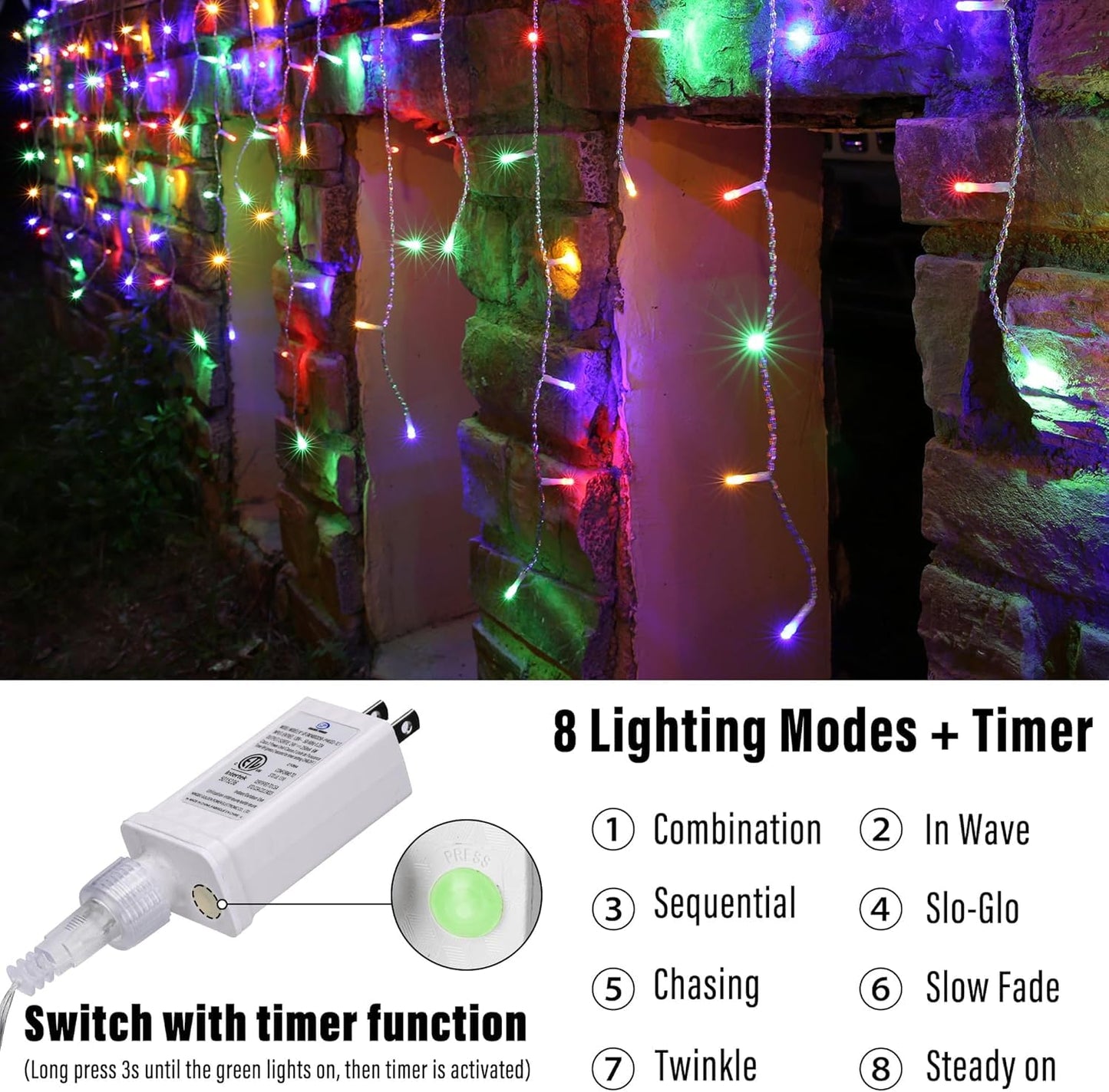 Joomer Christmas Icicle Lights - 65FT Multicolor Waterproof String Lights, 8 Modes Timer, Model SSL0500-I-24V