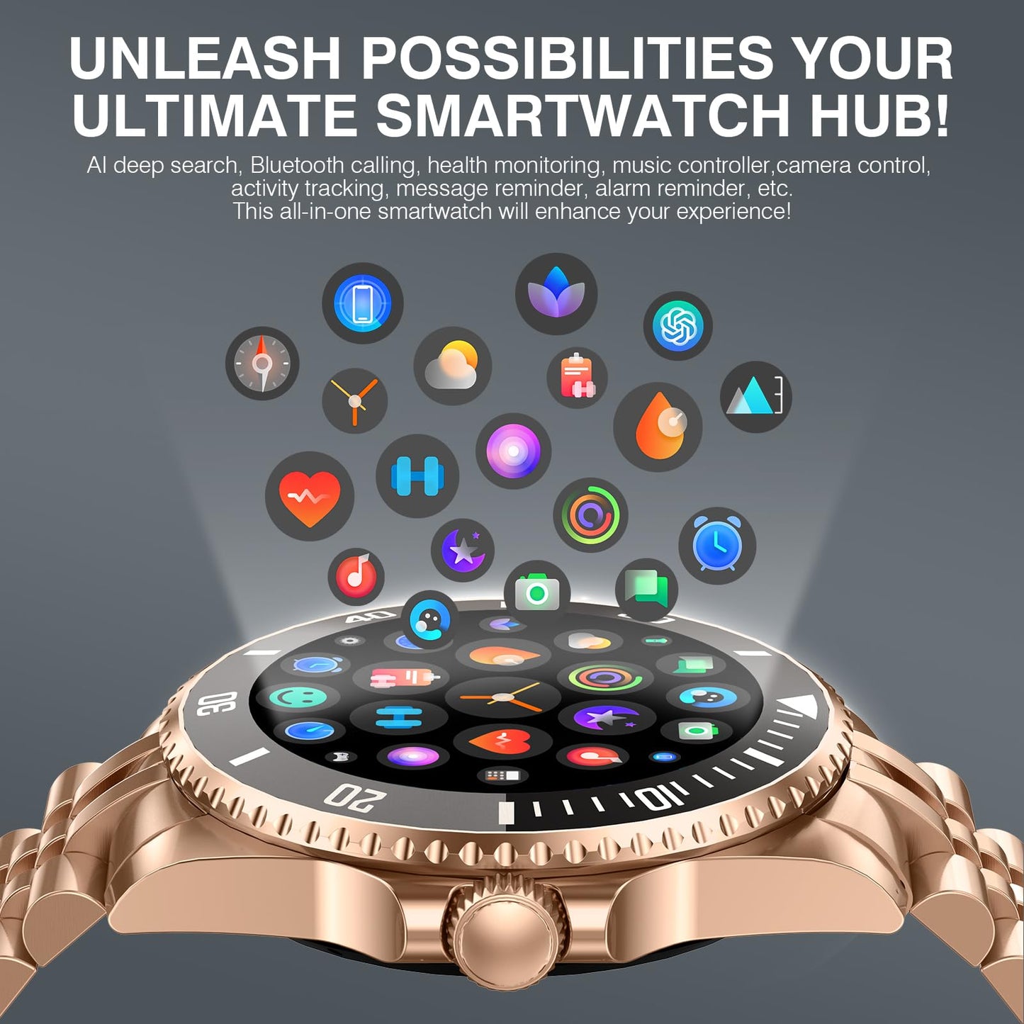 2025 DA GPT Smart Watch, Deep Search, Heart Rate, Blood Pressure, Blood Oxygen, Sleep Monitor, 107 Sports Modes, Waterproof Round Watch, 1.19-inch AMOLED Display, Compatible Android and iOS Gold Metal