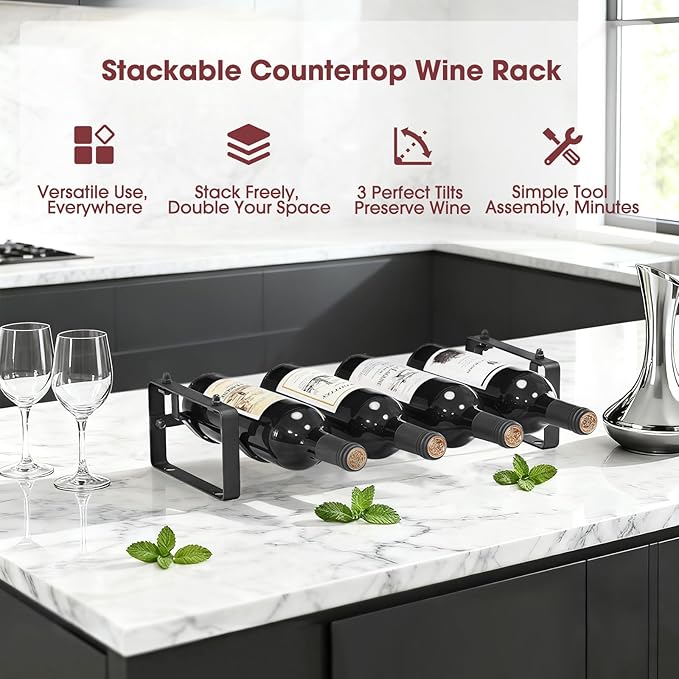 Stackable Wine Rack Countertop, 4 Bottles Wine Bottle Holder for Inside Cabinet, Small Tabletop Wine Holder Stand for Pantry Bar, 1-Tier Angle Adjustable Wine Bottle Rack for Tight Spaces