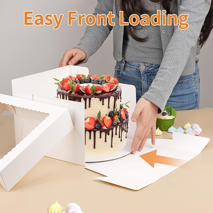 WINKIO 10 Inch Cake Box with Cake Boards, 2 Pack Disposable Cake Carrier, Cakes Transport Container, White Bakery Holder with Window, for Cookies Pies Cupcakes Pastry (10×10×8 Inches)