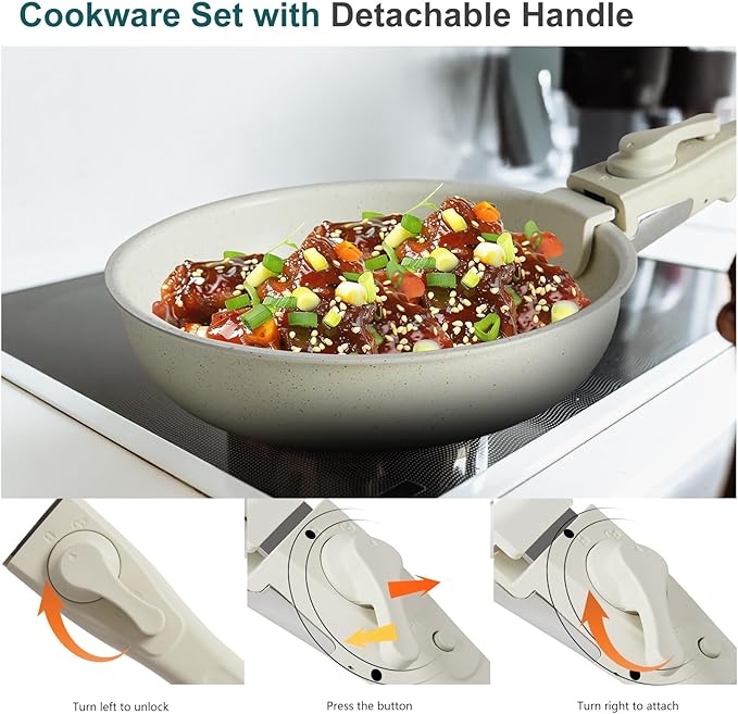 NEWBULIG Nonstick Kitchen Cookware Set, Pots and Pans with Detachable Handle, Induction Compatible, Dishwasher & Oven Safe, Space-Saving, Cream White, 12 Pieces(5 Pot)
