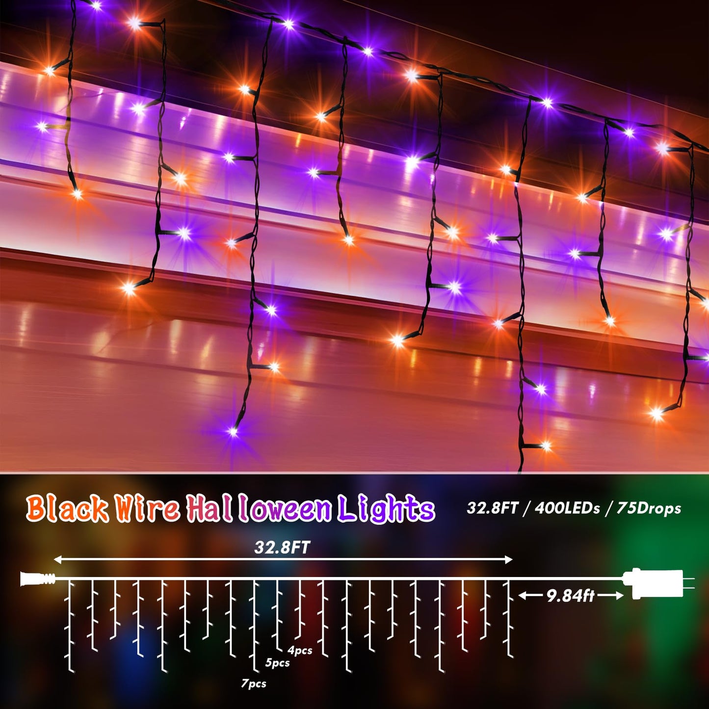 KNONEW Outdoor Halloween String Lights, 33FT 400 LED, Orange Purple, Black Wire, 8 Lighting Modes, Timer, Model KN-1000-LIG168-01