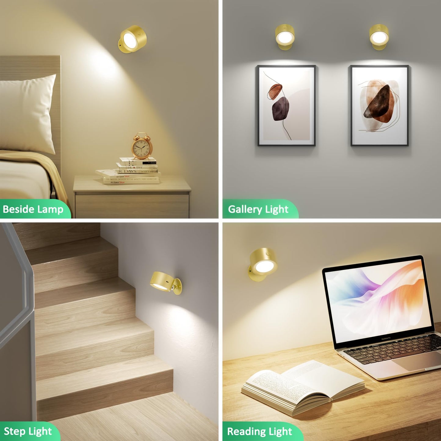 Lightbiz LED Wall Lights, 2 Pcs, Rechargeable, Dimmable, 3 Color Temperatures, Magnetic 360? Rotation, Gold, Model X120