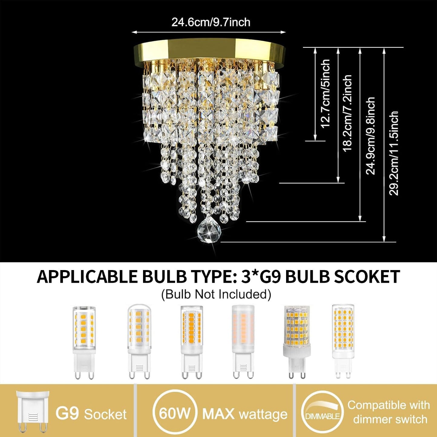 TISLYCO Mini Gold Crystal Chandelier, 3 Light Flush Mount Ceiling Light, Metal, 9.7inx11.5in, Beaded Pendant Lighting