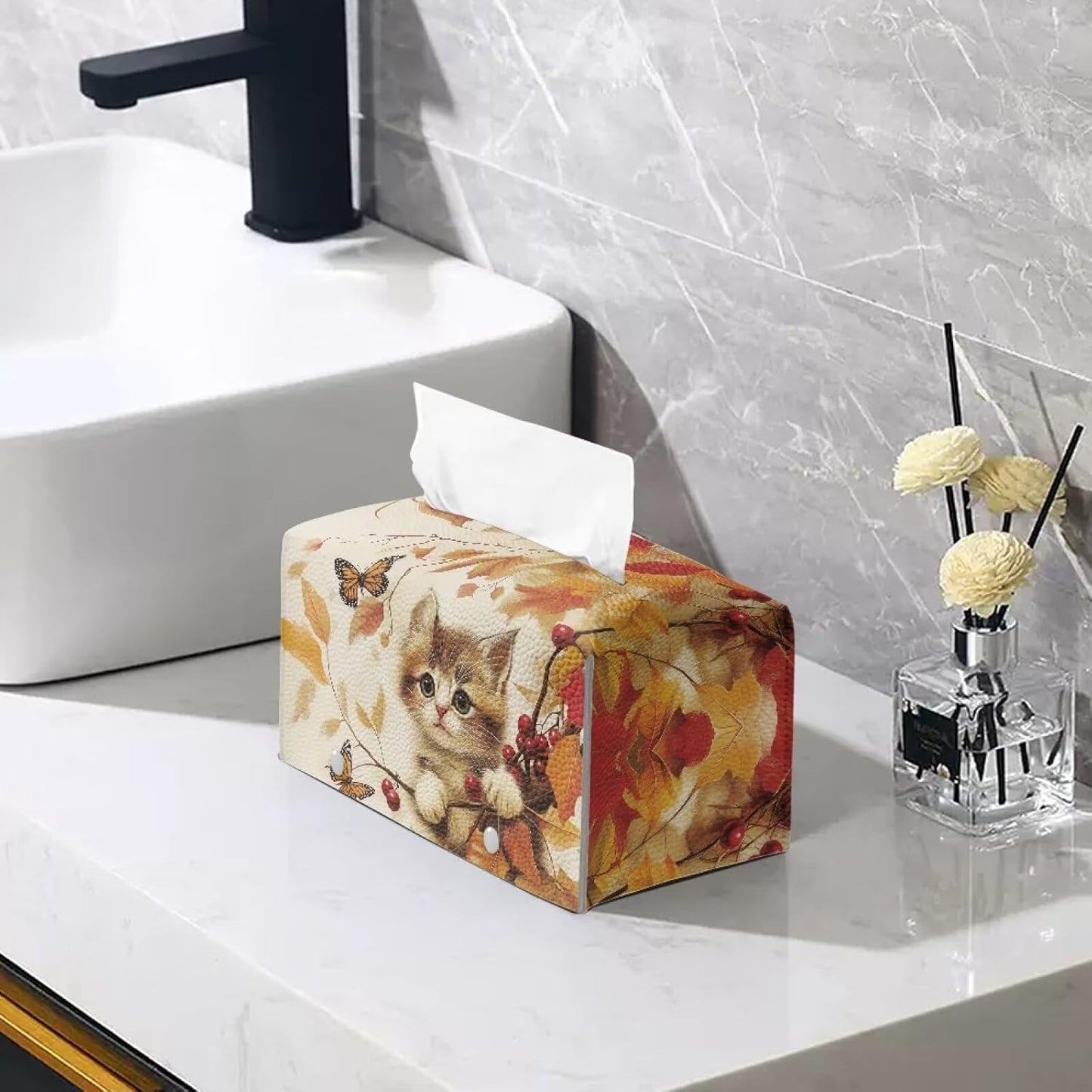 Rectangle Tissue Box Cover Cute Cat Leather Tissue Box Holder for Bathroom Toilet Waterproof Facial Paper Organizer Fall Theme Home Decorations for Dining Room Bathroom