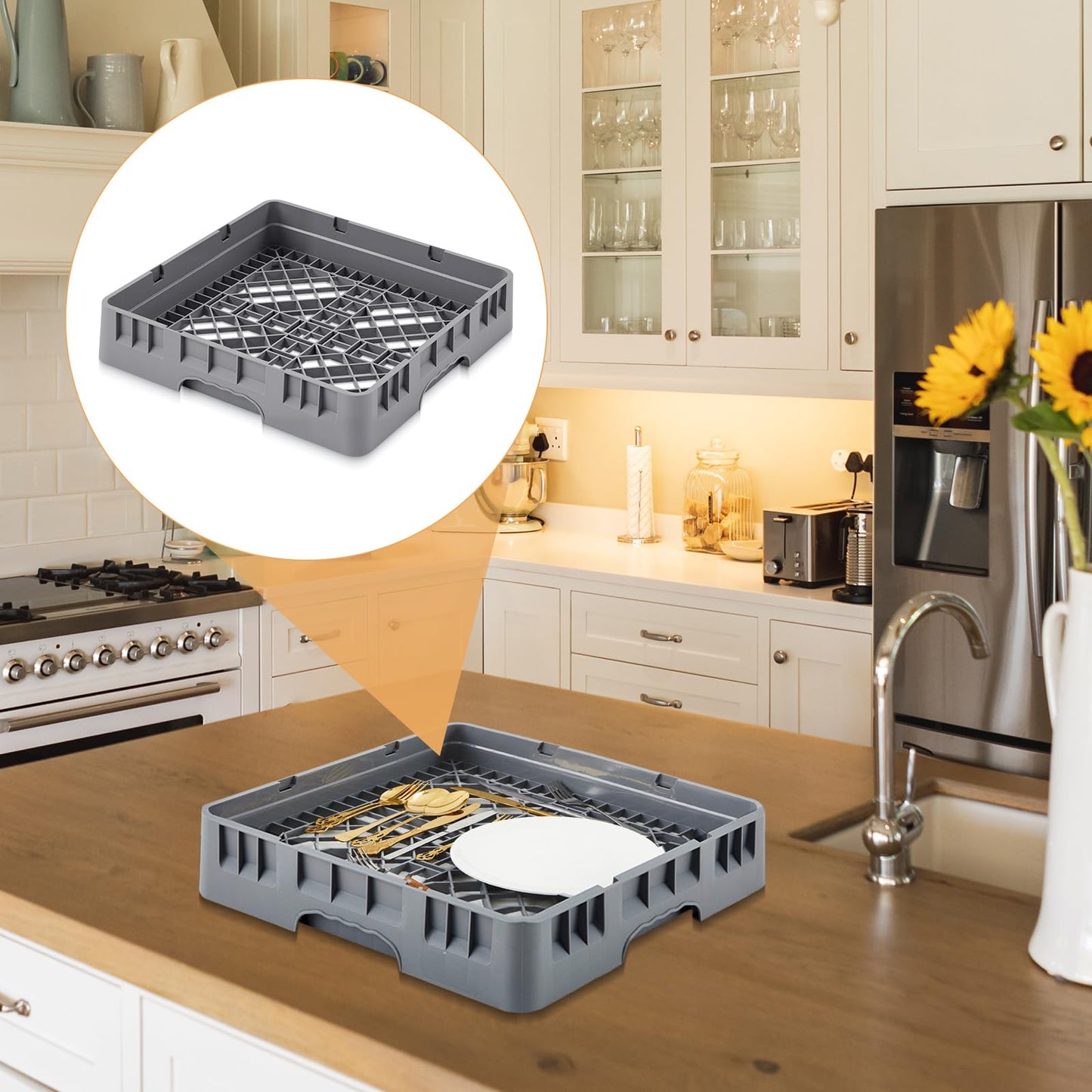 Aurelema 1 Pack Commercial Dishwasher Tray Rack Polypropylene Full Size Flatware Rack for Bowls Plates Knives Forks Cups (Basic,Gray)