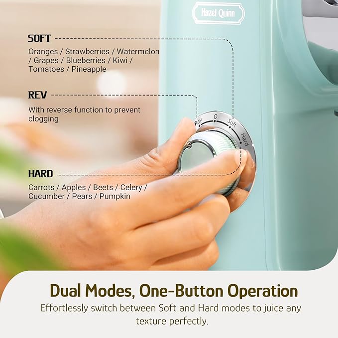 Hazel Quinn Masticating Juicer - Cold Press Slow Juicer for Fruits and Vegetables, BPA-Free Juice Extractor, Easy to Clean, 2-Speed Control, Reverse Function, Quiet Operation, Dishwasher Safe