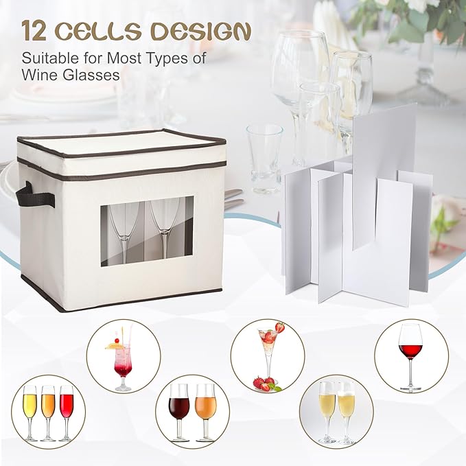 Uiifan 6 Pack Stemware Storage Box Set with Dividers, 12 Compartments Wine Glasses Storage Containers Cases Dust-proof, Transparent Window, Handles for Moving(Beige)