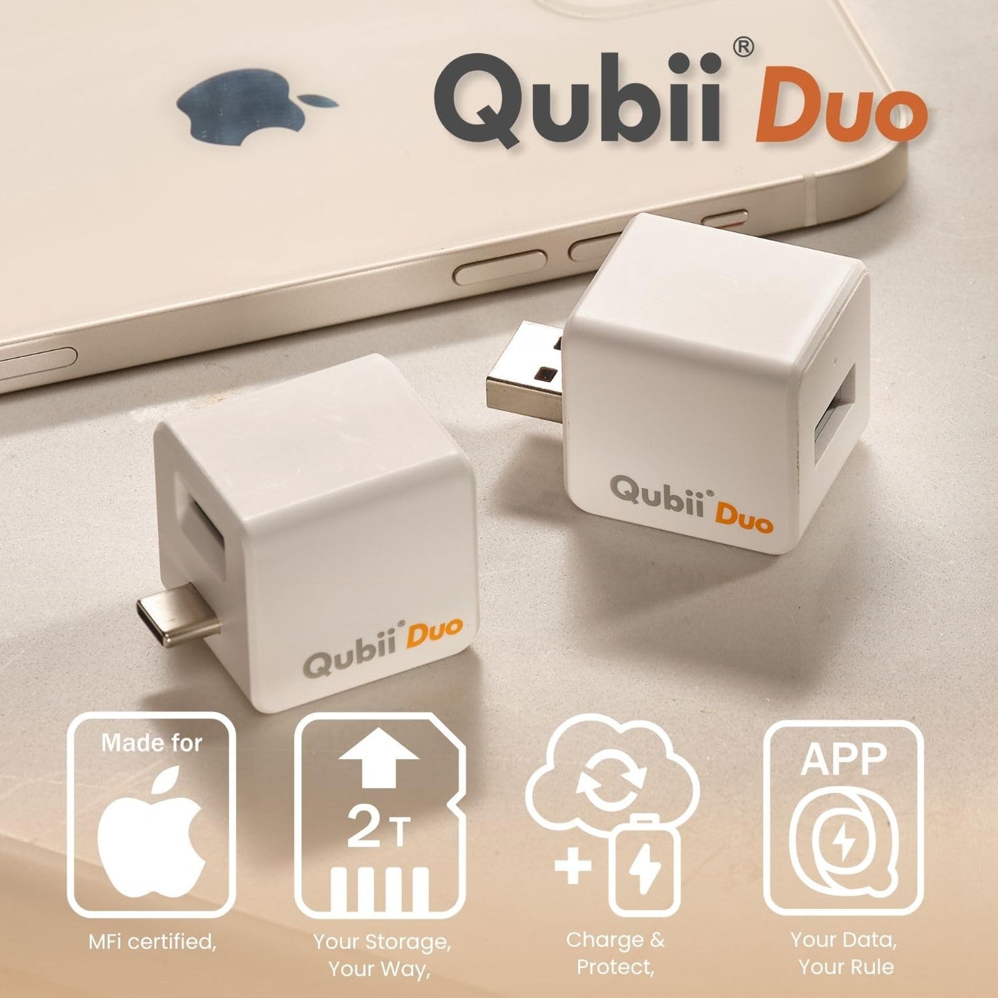 Maktar Mfi-Certified Qubii Duo Usb-C Auto Photo Storage & Iphone Backup Ends Icloud Fees. Free App Apple Android One Button Rest