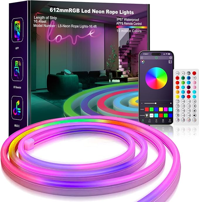 L8star 16.4ft RGB LED Neon Rope Light with Remote Control, Smart Color Changing DIY Mode Neon Flex Strip Lights for Bedroo...