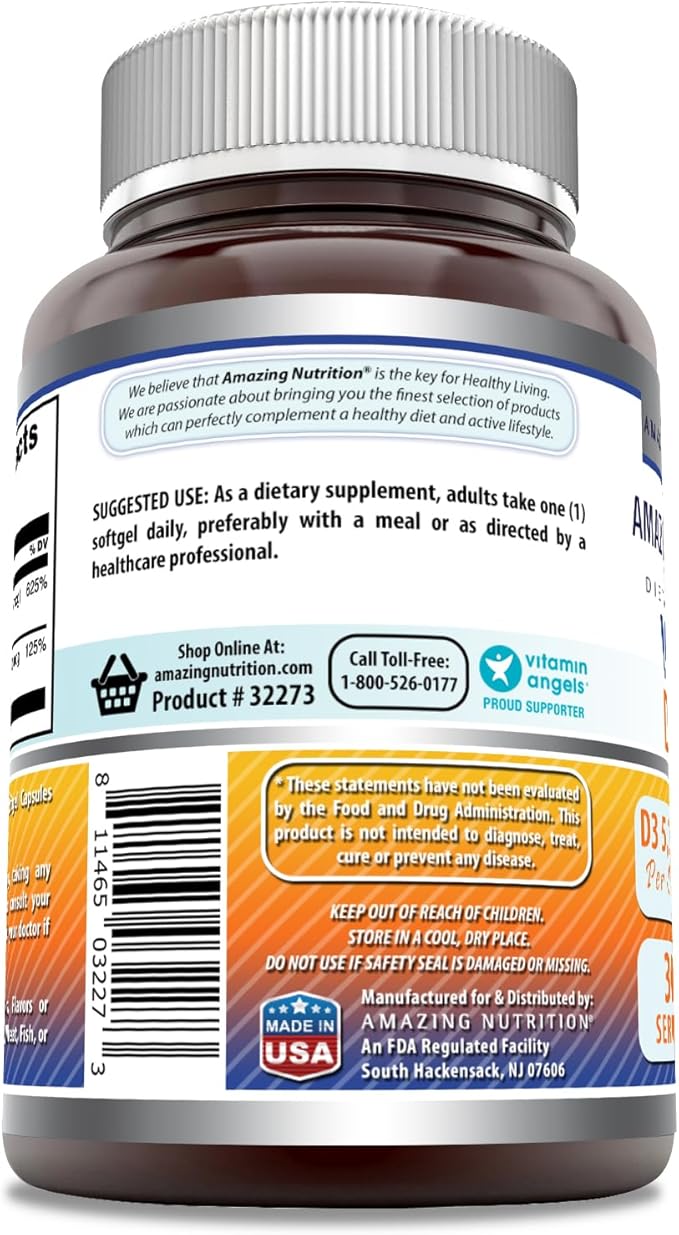 Amazing Formulas Vitamin D3 5000 IU with Vitamin K2 100 Mcg | D3 + K2 Complex Supplement | Softgels | Non-GMO | Gluten-Free | Made in USA (1 Pack, 300 Count)