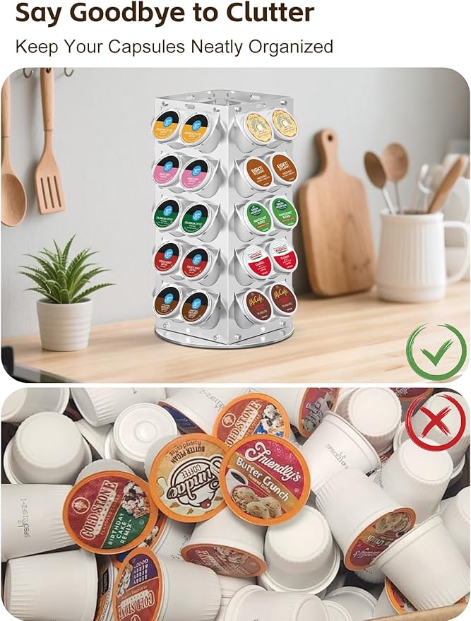 K Cup Holder, Coffee Pod Holder for Keurig – 360° Rotating Aluminum Coffee Organizer for Countertop,Saving Design with Anti-Slip Base for Kitchen or Office,Capacity of 40 Pods (Silver)