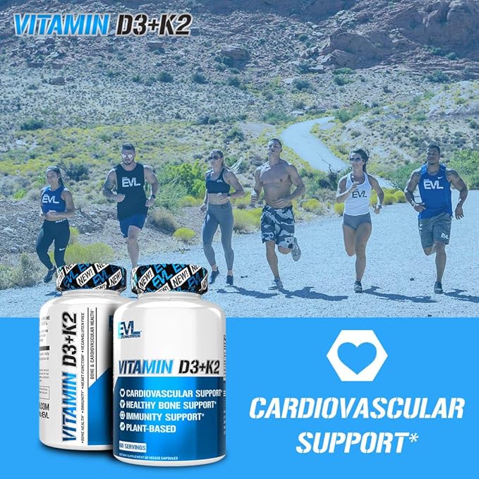 Evlution Nutrition Vitamin D3 + K2 - for Heart Health, Bone + Immune System Support - 5000 IU Vitamin D + 3600 IU Vitamin K - High Potency - Vegan & Gluten Free - 60 Servings - 60 Veggie Capsules