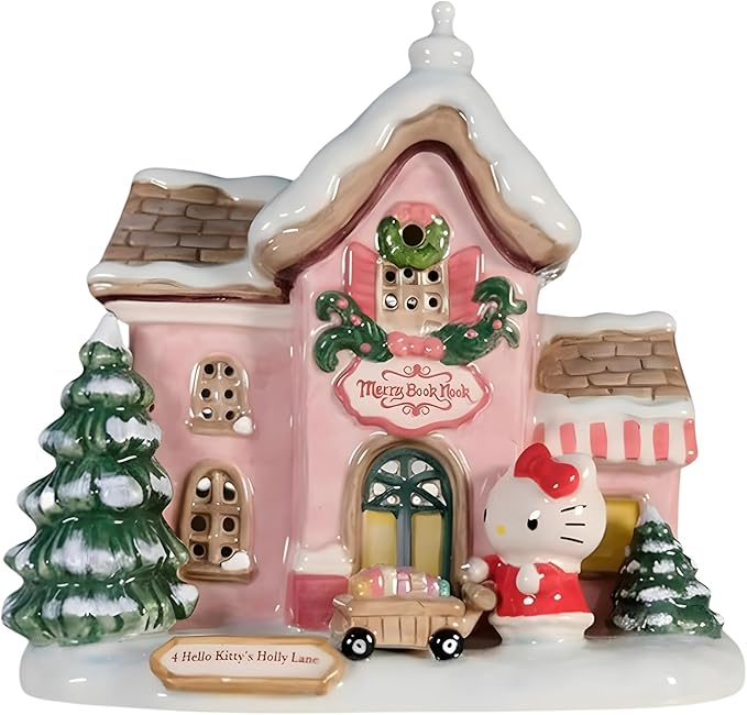 Blue Sky Clayworks Hello KITTY'S Merry Book Nook Candle House, 6.75" L x 4.75" W x 6.25" H, Storybook Snowlight