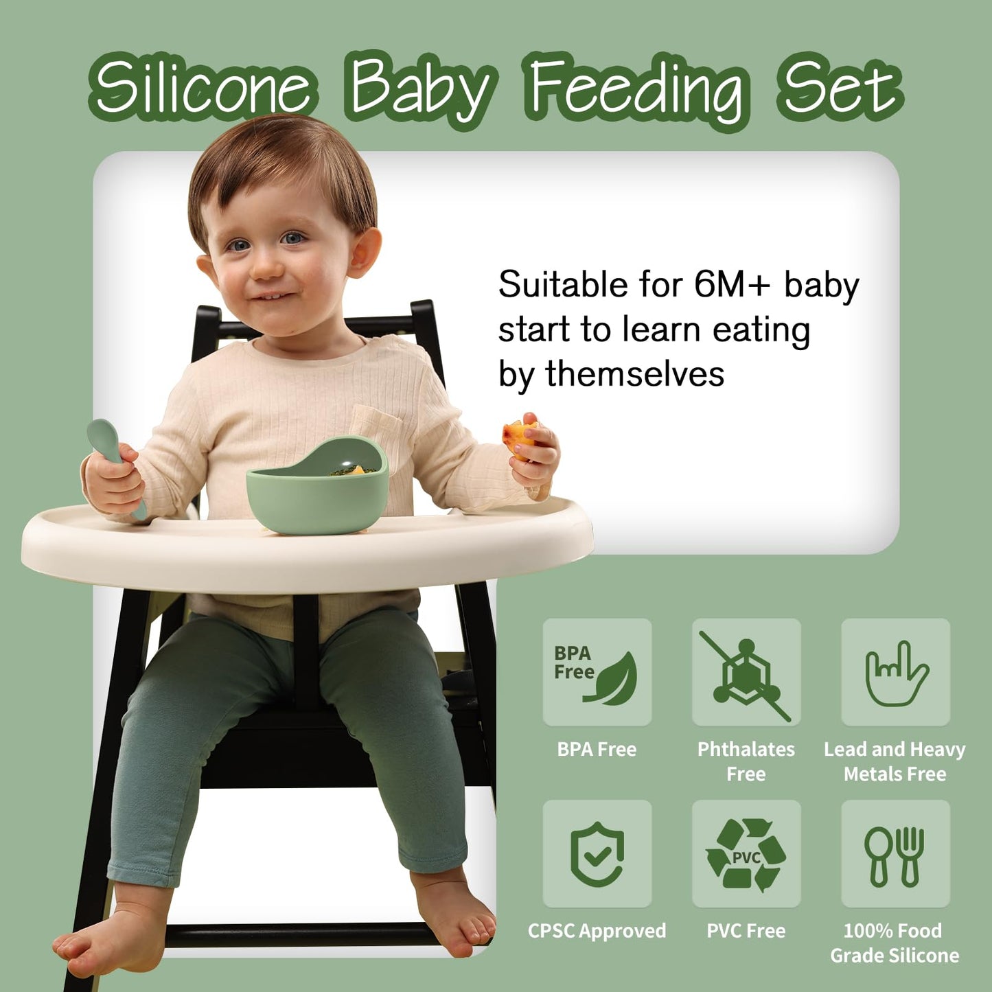 Baby Led Weaning Supplies, 17 Piece BPA-Free Silicone Feeding Set, Eating Essentials Baby Utensils with Suction Plate and Bowl, Pocket Bib, Sippy Cup with Lid, for 6+ Months, Green