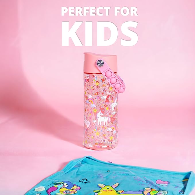 Elemental Leak Proof Water Bottles for Kids - Splash Kids Water Bottle for School with Fun Fidget Pop-it Handle - BPA Free Tritan Plastic Reusable Water Bottle with Straw - Pink Unicorn - 18oz